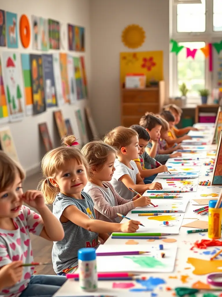 A photograph capturing children participating in an interactive art workshop at MUSEE GORSLINE, surrounded by colorful art supplies and enthusiastic instructors.