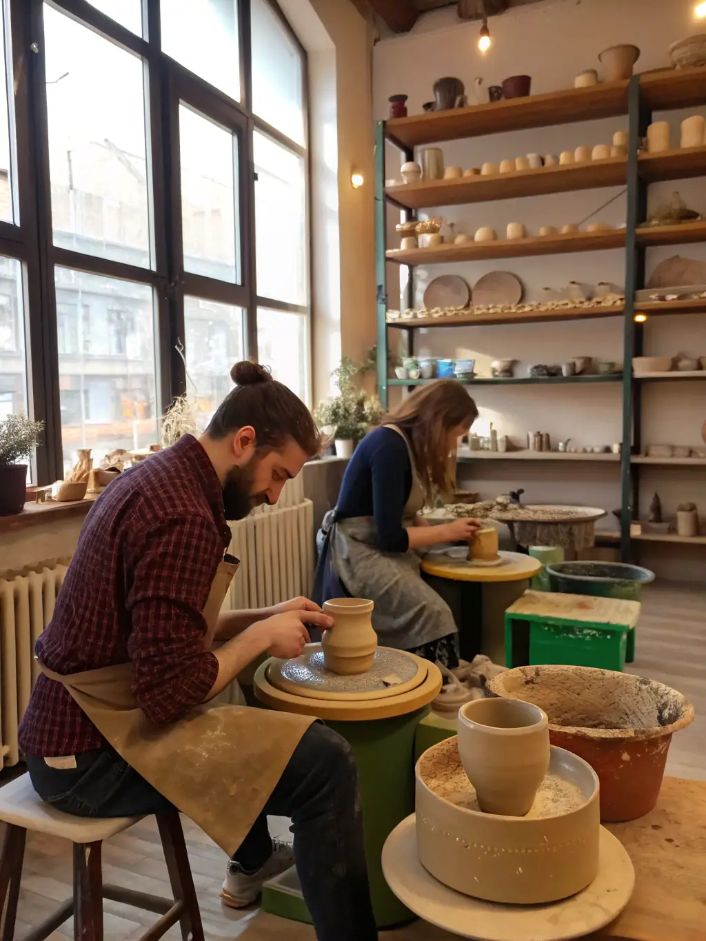 A photograph showcasing a diverse group of adults attending a pottery class at MUSEE GORSLINE, with participants focused on their creations and the instructor providing guidance.