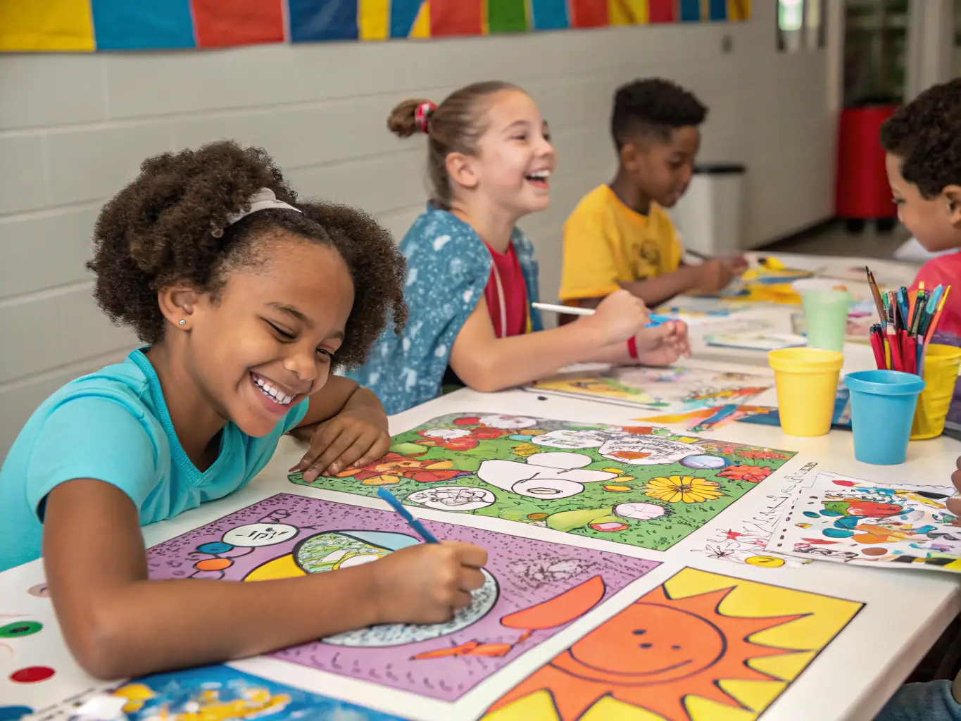 A vibrant image of children participating in an art workshop at MUSEE GORSLINE, surrounded by colorful art supplies and enthusiastic instructors, showcasing the museum's commitment to art education.